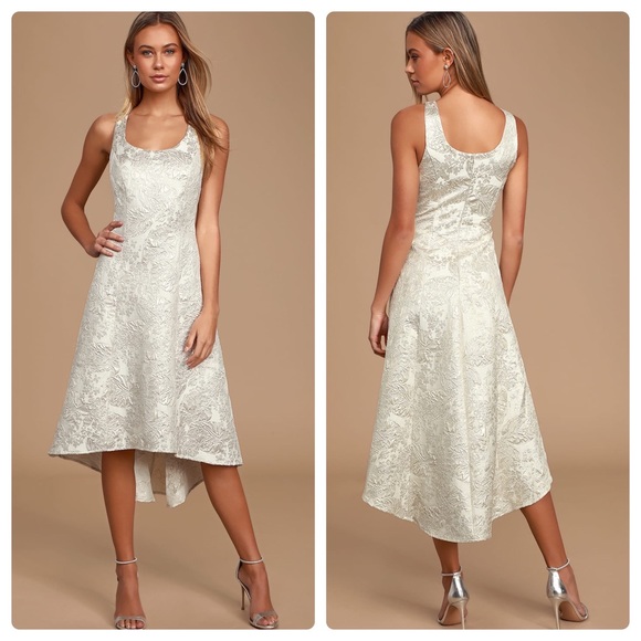 Lulu’s Vow or Never White Jacquard Floral Print High-Low Midi Dress White XS - Picture 8 of 8